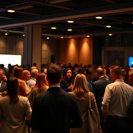 Fotografia de um evento corporativo com pessoas em networking e um painel de discussão em andamento.
